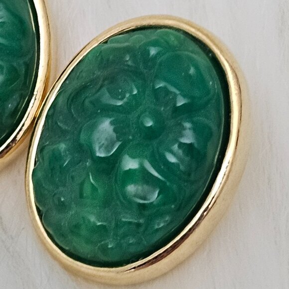 Vintage Gold Tone Carved Floral Green Oval Stud Earrings - Picture 2 of 6